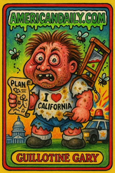 A trading card shows a crazed man with frazzled hair and bloodshot eyes, wearing a torn 'I Love California' shirt. He carries a toy guillotine, surrounded by buzzing flies, next to a shrunken US Capitol.