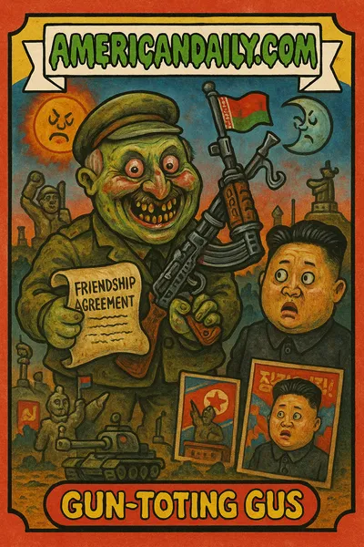Cartoon of Belarus leader with comically oversized head, holding a decorated rifle and a 'Friendship Agreement' while a confused Kim Jong-un stands nearby.