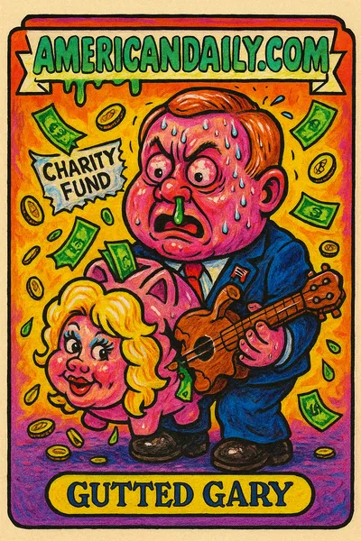 A satirical trading card shows an exaggerated, ugly politician holding a smashed Dolly Parton piggy bank, crying money away with a broken ukulele in hand.