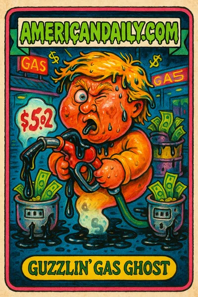 A grotesque cartoon of Donald Trump grappling with a giant gas pump nozzle, surrounded by spilled oil and dollar bills, with a $5.02 price tag creating a ghostly shadow.