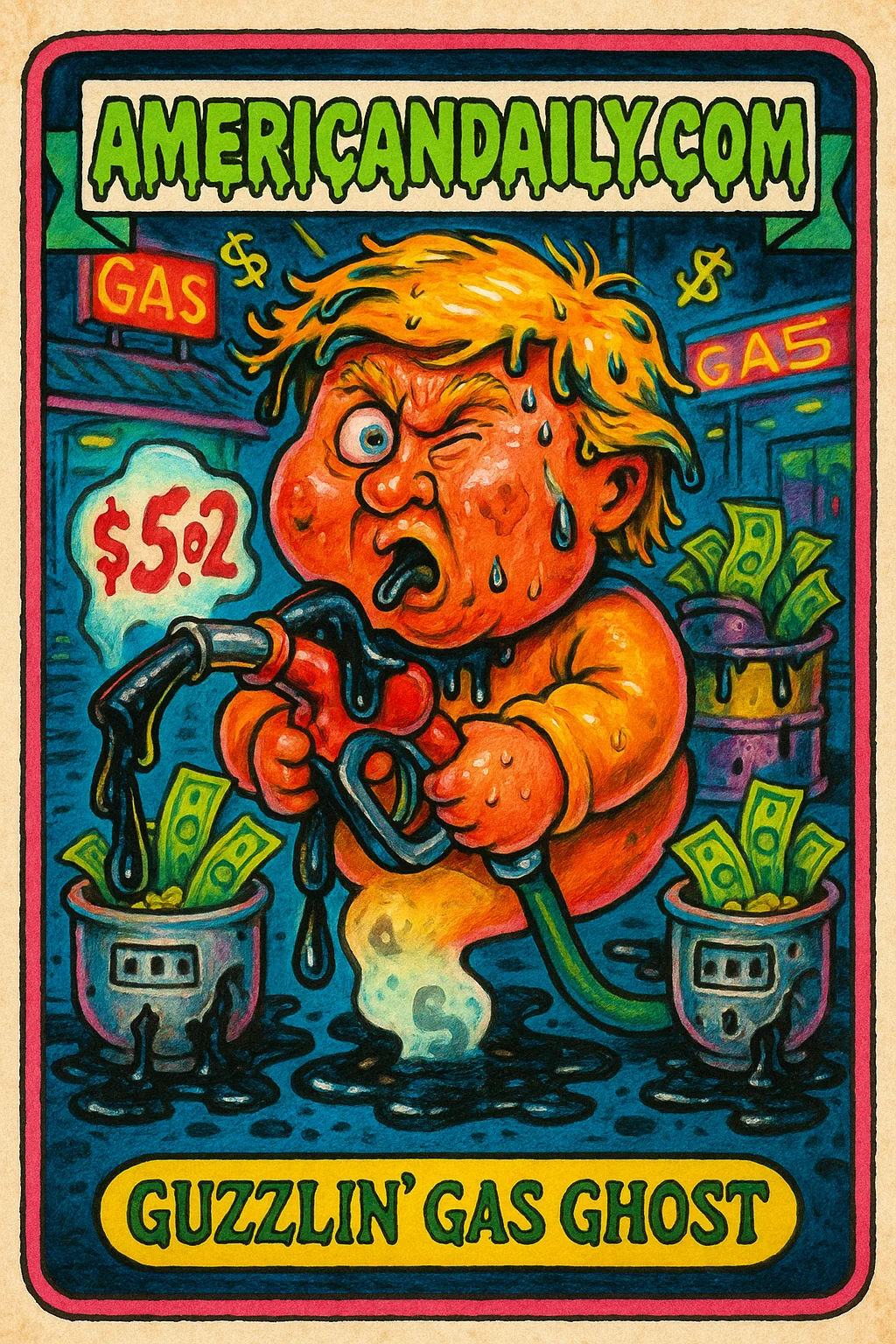 A grotesque cartoon of Donald Trump grappling with a giant gas pump nozzle, surrounded by spilled oil and dollar bills, with a $5.02 price tag creating a ghostly shadow.