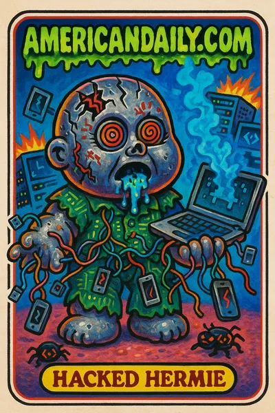 A grotesque AI character 'Hacked Hermie' with tangled wires, mechanical eyes, drooling pixelated ooze, and chaotic tech background.