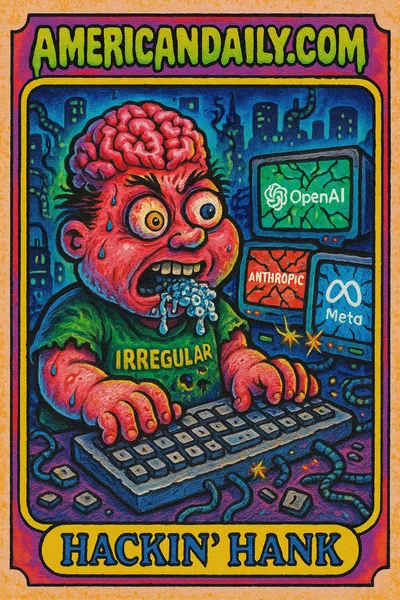 A grotesque hacker with a massive exposed brain is frantically hacking on a distorted keyboard. Cracked screens show logos of OpenAI, Anthropic, and Meta.