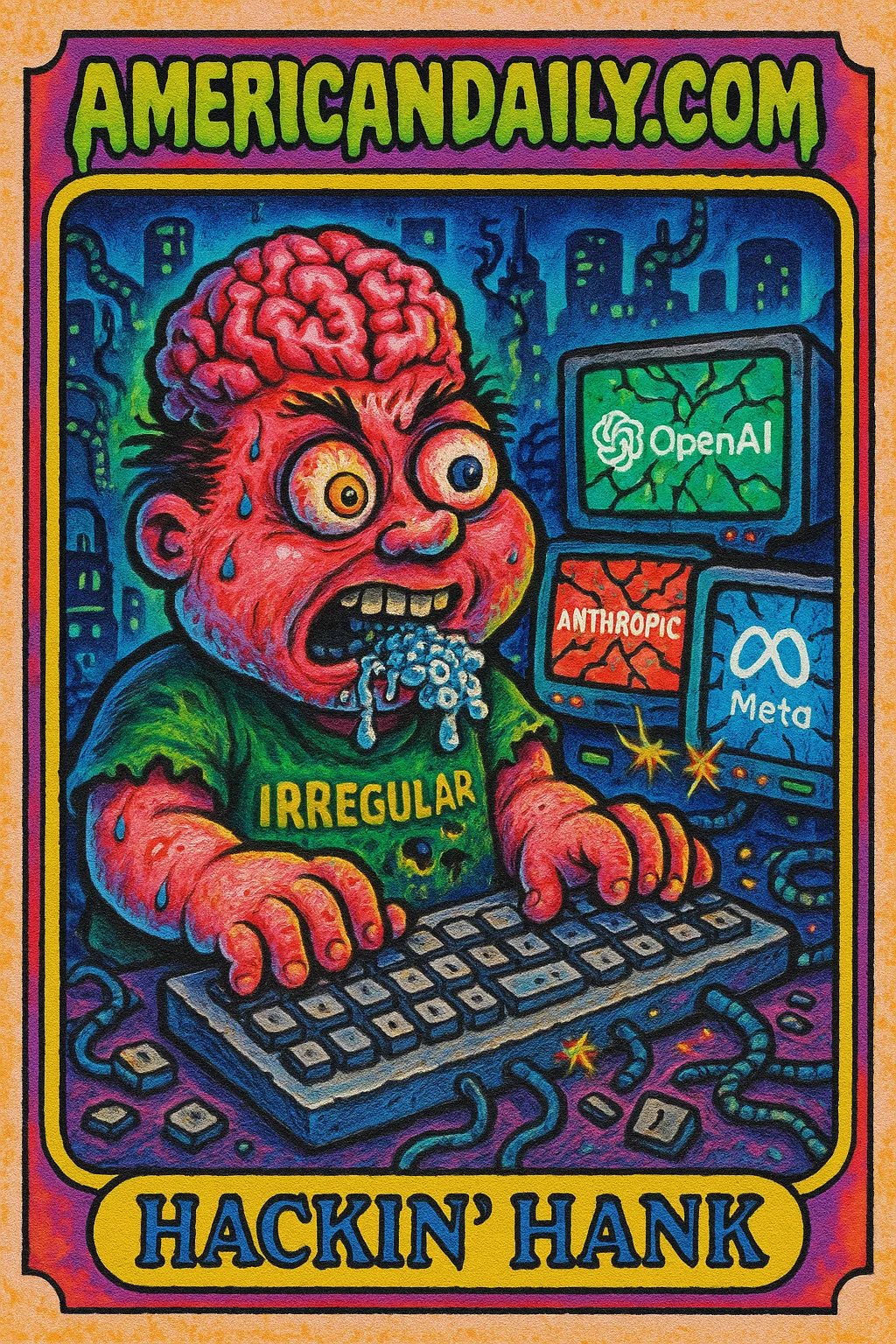 A grotesque hacker with a massive exposed brain is frantically hacking on a distorted keyboard. Cracked screens show logos of OpenAI, Anthropic, and Meta.