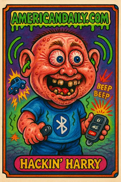 Illustration of 'Hackin' Harry', a grotesque character with Bluetooth wave ears and a car remote, causing chaos with cars in the background.