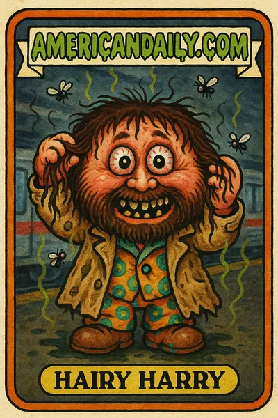 A bizarre character, 'Hairy Harry', with a giant head, sticky hands full of hair, and creepy grin, stands in a metro station with a speeding train in the background.
