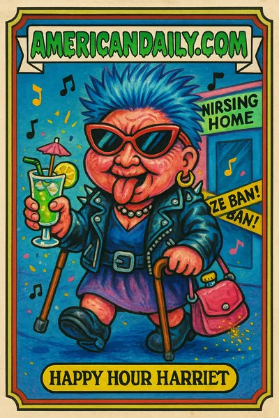 A grotesque cartoon of a rebellious old woman as a rockstar granny defying a 'Booze Ban!' at a nursing home.