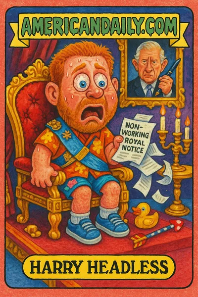 Grotesque image of Prince Harry on an oversized throne, comically displaying his non-working royal status, with King Charles in the background.