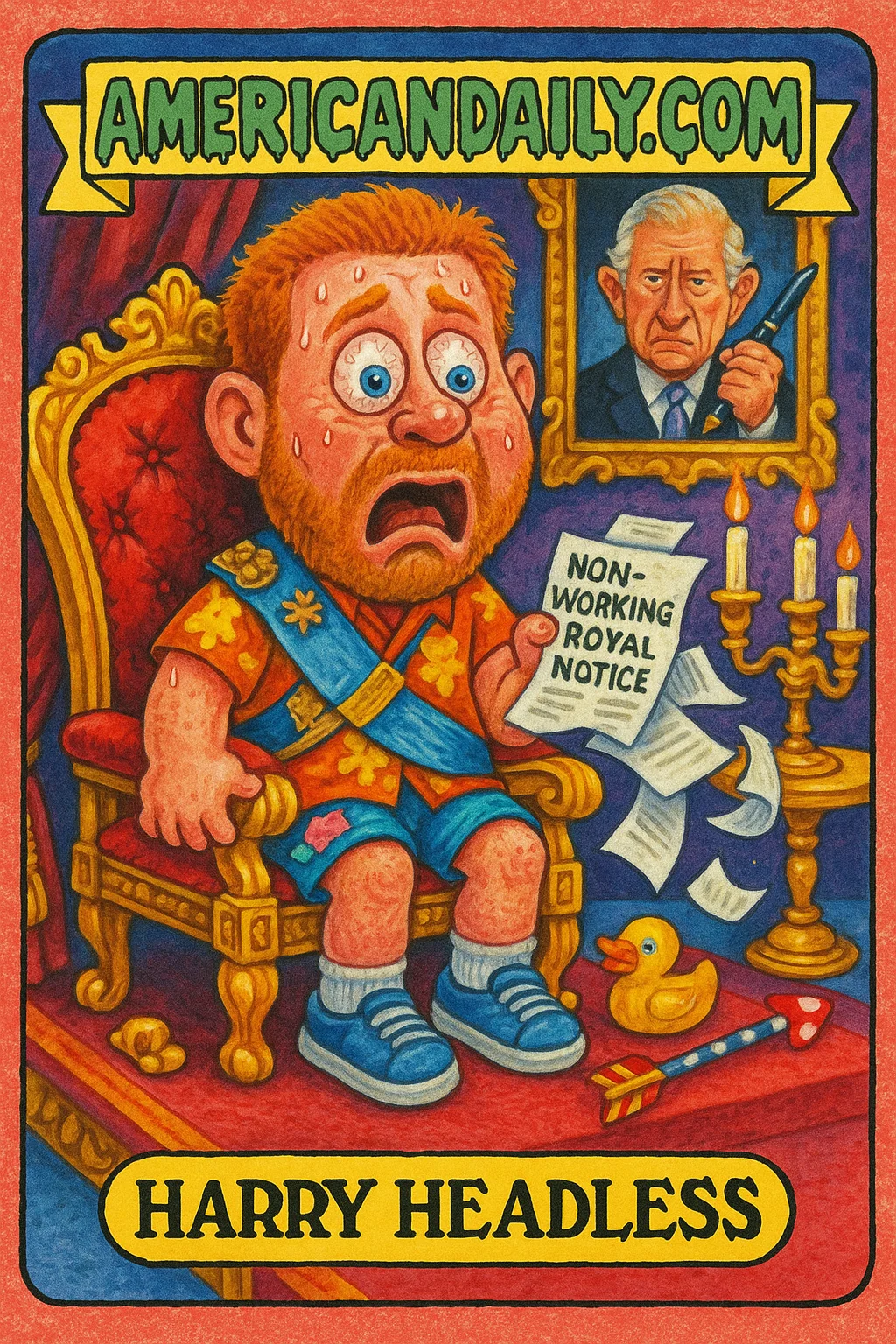 Grotesque image of Prince Harry on an oversized throne, comically displaying his non-working royal status, with King Charles in the background.