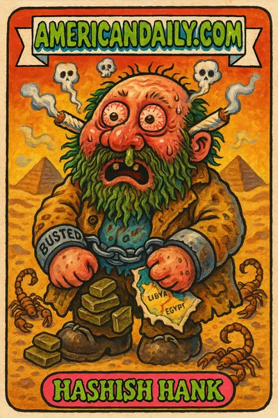 Cartoonish 'Hashish Hank' in a desert setting, caught with hashish bricks stuffing his coat, showing shocked expression.