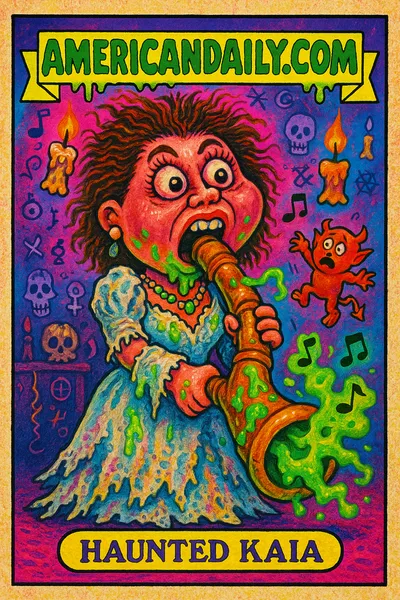 A grotesque cartoon character of Kaia Gerber with a twisted didgeridoo performing a satirical exorcism, with flying ghosts and green slime.