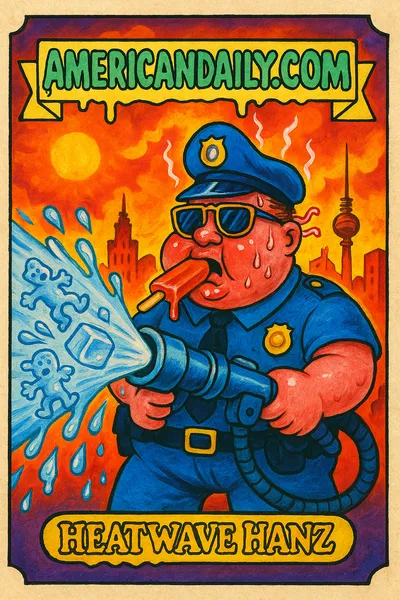 GPK-style trading card of a sunburned Berlin officer with a water cannon shooting ice cubes, set against a melting city backdrop.