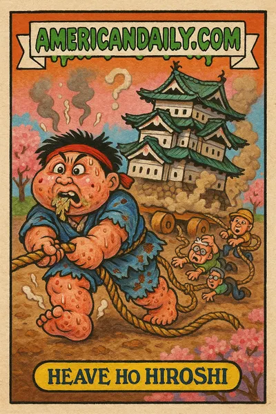 A trading card showing 'Heave Ho Hiroshi', a grotesque figure pulling a massive rope attached to a castle on rollers, with exaggerated, distorted features.