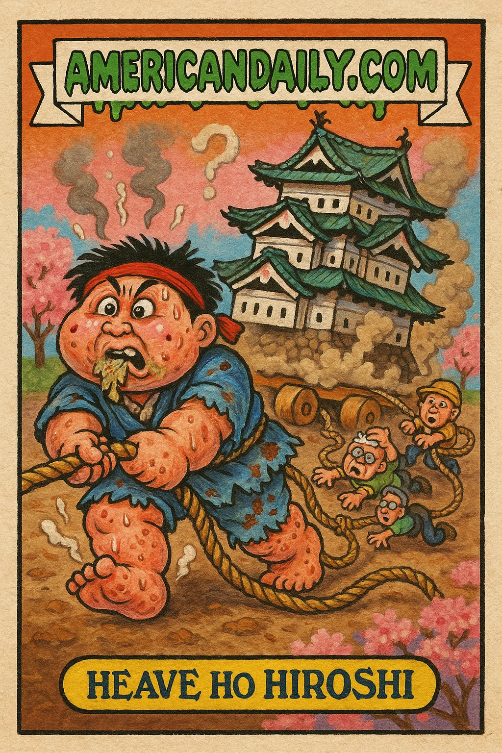 A trading card showing 'Heave Ho Hiroshi', a grotesque figure pulling a massive rope attached to a castle on rollers, with exaggerated, distorted features.