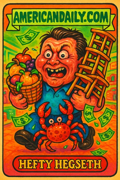 A cartoonish illustration of Pete Hegseth frantically holding a giant fruit basket and a pile of chairs while a crab clamps his leg. Dollar bills with crab claws float around.