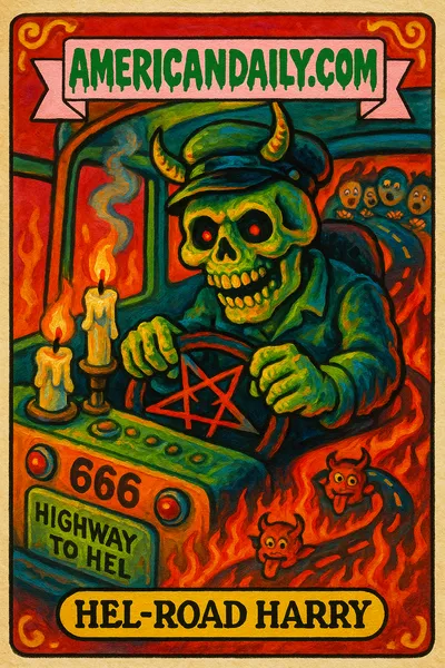Grotesque skeletal bus driver 'Hel-road Harry' maniacally steering a 666 bus, surrounded by hell-themed chaos and tiny demons inside the bus.