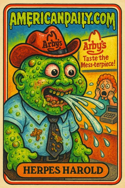 A grotesque trading card featuring 'Herpes Harold', an Arby's manager with exaggerated features, humorously depicted mid-spit in a fast-food setting.