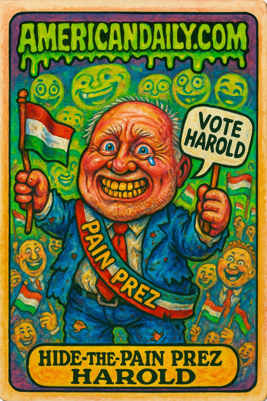 Trading card parody showing 'Hide-the-Pain Prez Harold', an exaggerated caricature of the meme icon in a tattered suit with an awkward grin, among absurd presidential props.