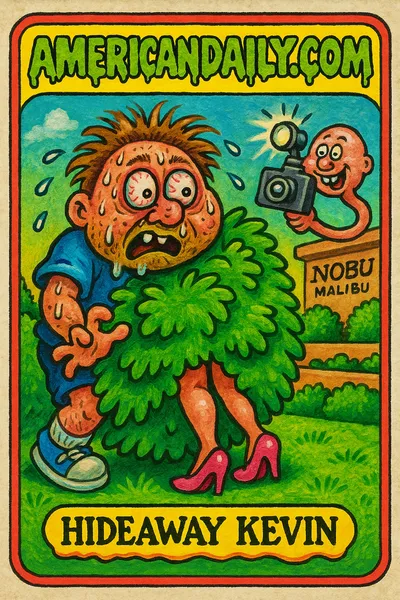 A grotesque cartoon of Kevin Durant, bulging eyed and gangly, hiding behind a bush at Nobu Malibu, with comically exaggerated features.