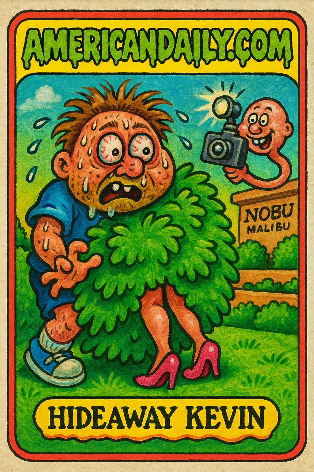 A grotesque cartoon of Kevin Durant, bulging eyed and gangly, hiding behind a bush at Nobu Malibu, with comically exaggerated features.