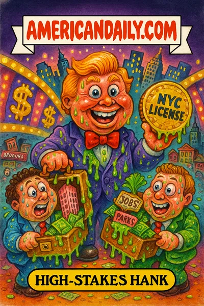 Cartoon parody of grotesque developers dangling slime-dripping briefcases of money and promises while a game-show host holds a giant golden NYC casino license chip, with melting New York skyline in the background.