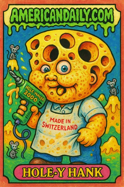 Trading card of a comedic, grotesque cheesemaker with a cheese wedge head, using a drill to make cheese holes. Bright, exaggerated colors with a satirical tone.