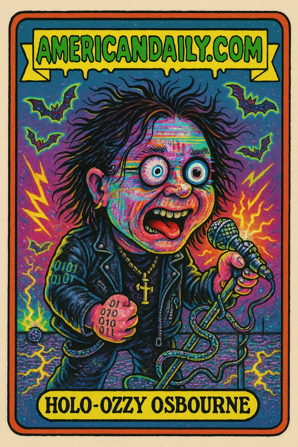 A grotesque cartoon depiction of Ozzy Osbourne as a holographic ghost with exaggerated features, digital glitches, and electrifying props on a static concert stage.