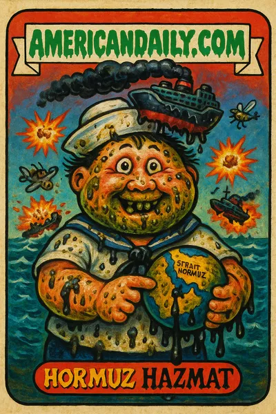 A cartoonish, grotesque sailor with a tanker hat, rotting teeth, and oily skin, clutching a globe oozing oil. Ship chaos explodes around.