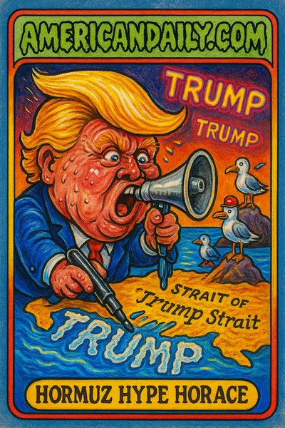 A grotesque caricature of Trump at the Strait of Hormuz, his hair like a flag, holding a huge marker, redrawing the map to say 'Trump Strait.'