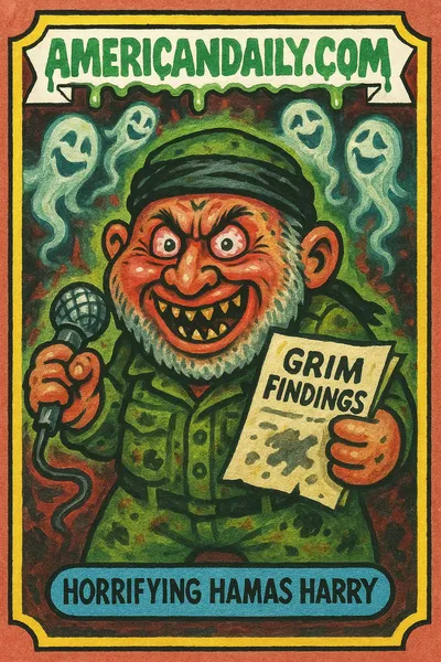 Satirical trading card of 'Horrifying Hamas Harry' with grotesque features and ghostly laughing figures in a chaotic scene.