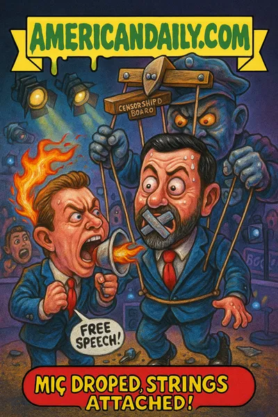 Caricature of Kimmel tied by puppet strings to ABC/Disney board, Charlie Kirk yelling through megaphone, banner AMERICANDAILY.COM, caption Mic Droped, Strings Attached!