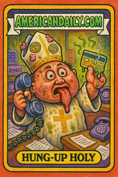 A grotesque pope character tangled in phone wires, with a twisted, frustrated expression, in a chaotic bank office setting.