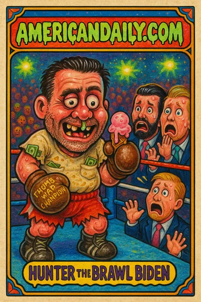 A satirical trading card depicting Hunter Biden as a grotesque wrestler in a cartoonish cage match scene with exaggerated features.