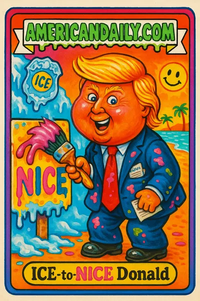 Trading card of a caricature of Trump rebranding ICE to NICE, with an oversized balloon head and exaggerated features, while paint drips from a huge brush.