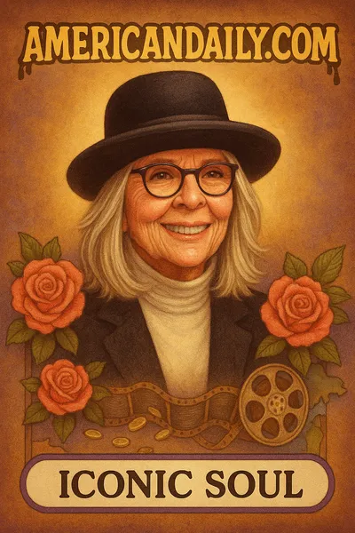 A soft portrait-style tribute card depicting Diane Keaton smiling, wearing a hat or tie, framed by film reels, roses, and icons of her iconic roles (tie, wedding bells, book, film camera). The top reads "Diane Keaton • 1946-2025."