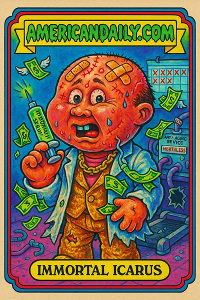 A grotesque figure called 'Immortal Icarus' injects an immortality serum, amidst money spilling, peeling band-aids, and cluttered lab failures.