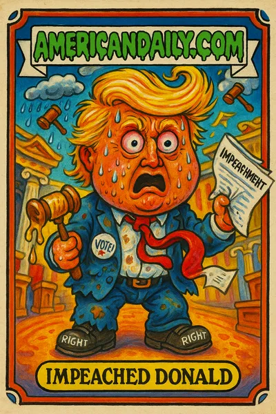 A satirical trading card featuring a grotesque caricature of Donald Trump with exaggerated features, tied into his fears about midterm elections.