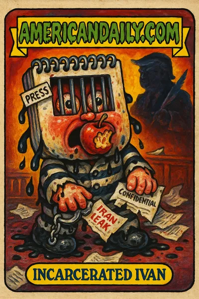 Grotesque journalist with notepad head, prison bars for eyes, gagged with a rotten apple, in prison uniform with ink stains. Chaotic courtroom background.