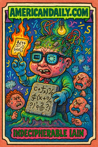Trading card of grotesque AI robot mocking confused mathematicians with a math problem. Banner reads 'AMERICANDAILY.COM'. Name: 'Indecipherable Iain'.
