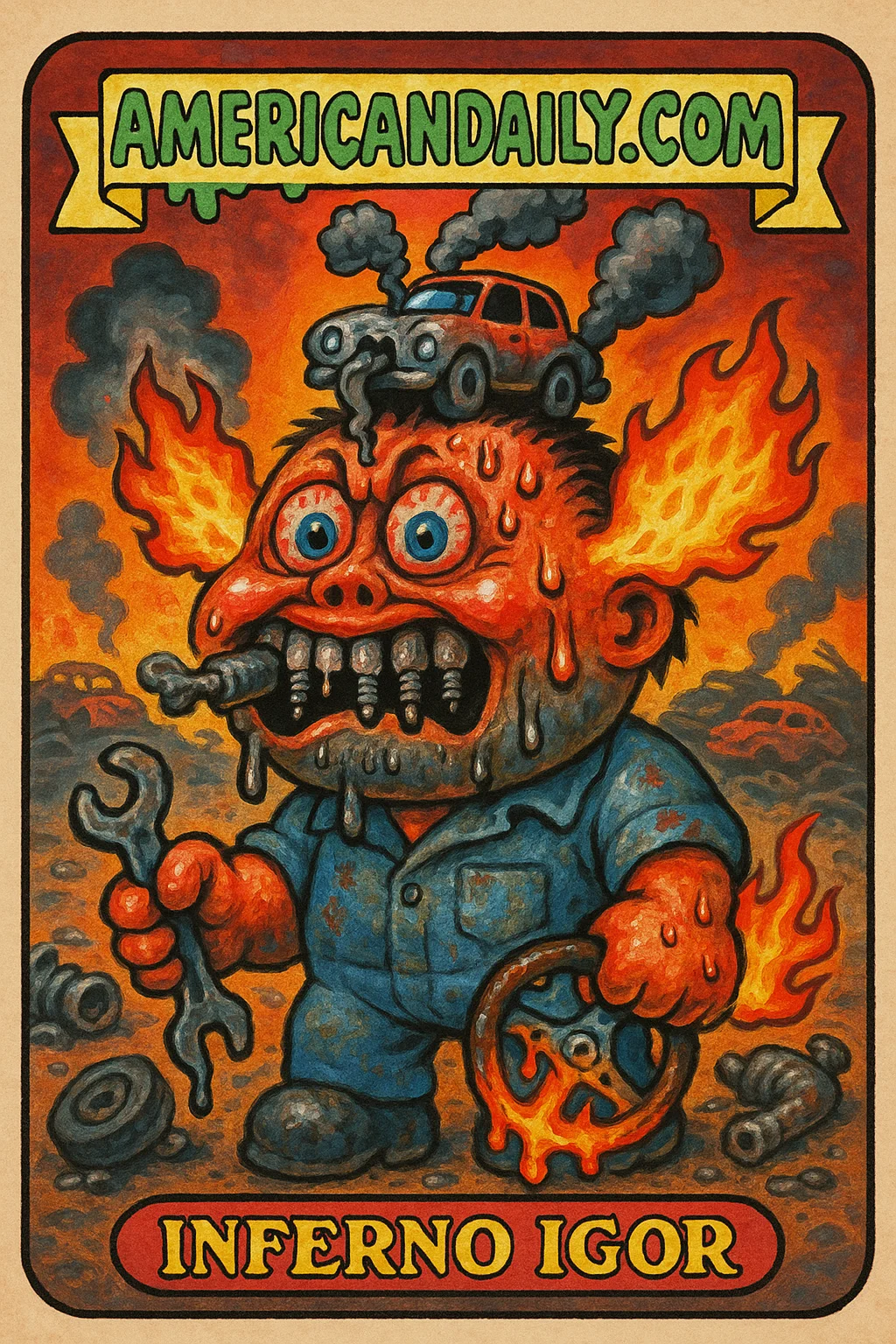 A grotesque character with a burning car grill head amidst a junkyard, embodying the chaos of cars being recalled for spontaneously combusting.