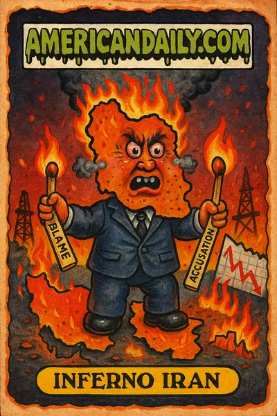 A satirical card depicting 'Inferno Iran', a grotesque character with a flaming head map of the Gulf, blaming others for starting the chaos.