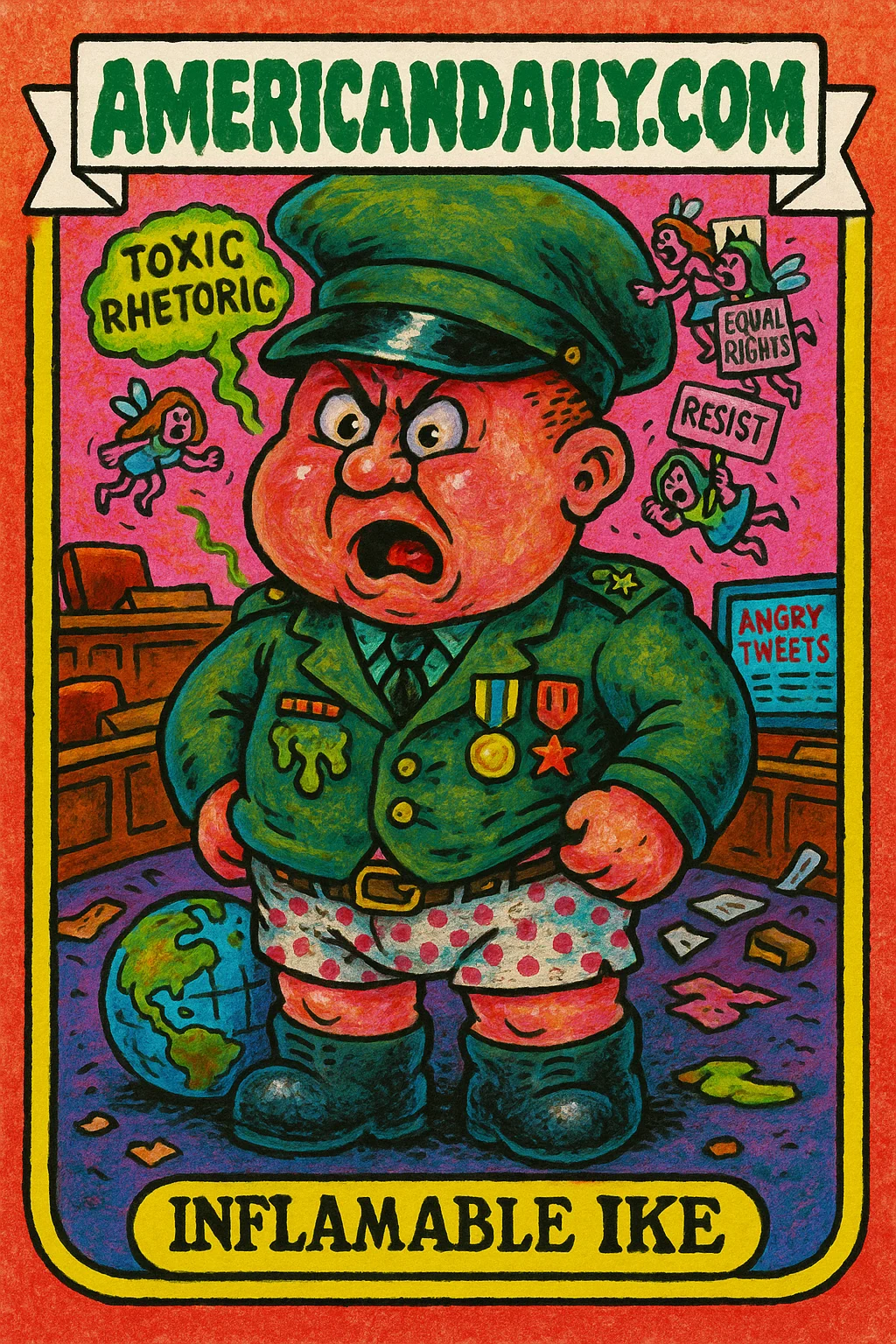 A satirical trading card depicting a Pentagon influencer surrounded by buzzing protestor figures, with toxic rhetoric thought bubbles and exaggerated features.