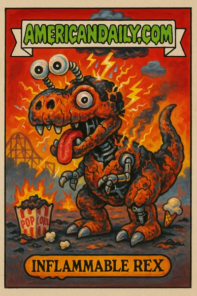 A grotesque trading card depicting a charred animatronic dinosaur with bulging eyes, smoking joints, and lightning zapping. Theme park debris scattered around.