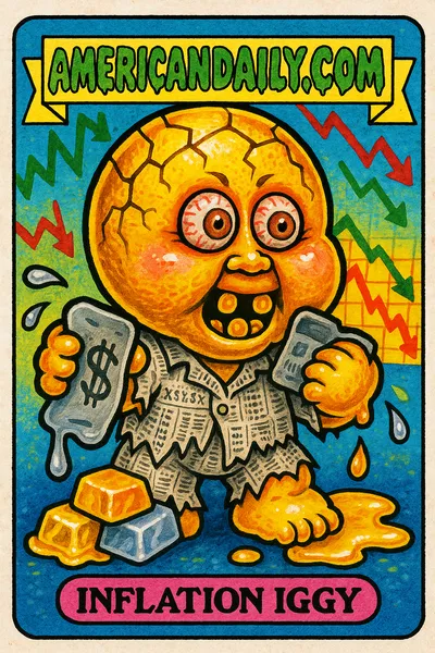 Trading card of Inflation Iggy, a grotesque character with a balloon head, gold coin teeth, and melting market symbols.