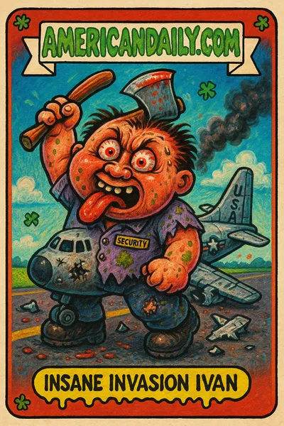 Trading card illustration of a grotesque character with a hatchet damaging a US military plane at an airport, in Garbage Pail Kids style.