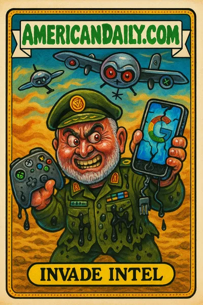 A grotesque Iranian general character with exaggerated features, holding a smartphone and game controller, surrounded by tech-targeting drones, in a desert backdrop.