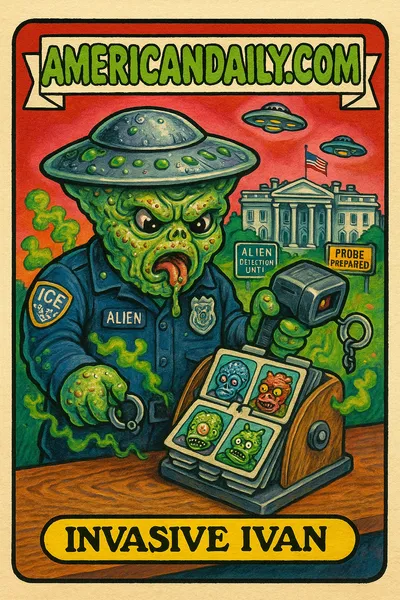 Grotesque alien ICE officer with UFO head, using a scanner and tiny handcuff, stands over alien mugshots near a cartoon White House.
