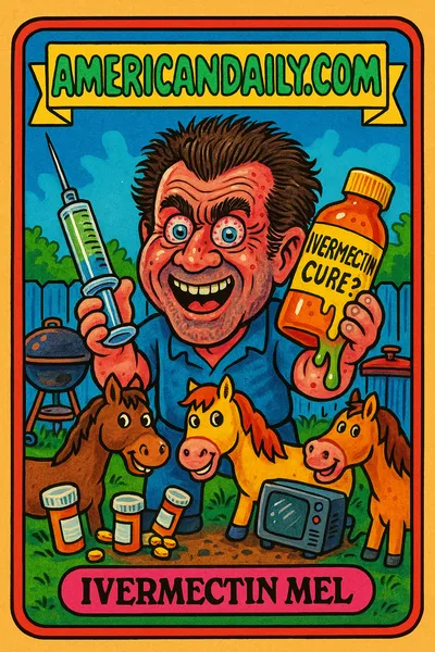 A grotesque caricature of Mel Gibson holding Ivermectin, surrounded by cartoon horses, in a chaotic backyard setting with vivid colors and exaggerated features.