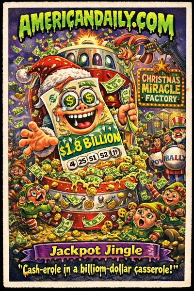 Cartoon lottery ticket character "Jackpot Jingle" bursting from a giant Powerball machine on Christmas Eve with money raining, mischievous elves, and holiday shoppers in a grotesque satirical scene.