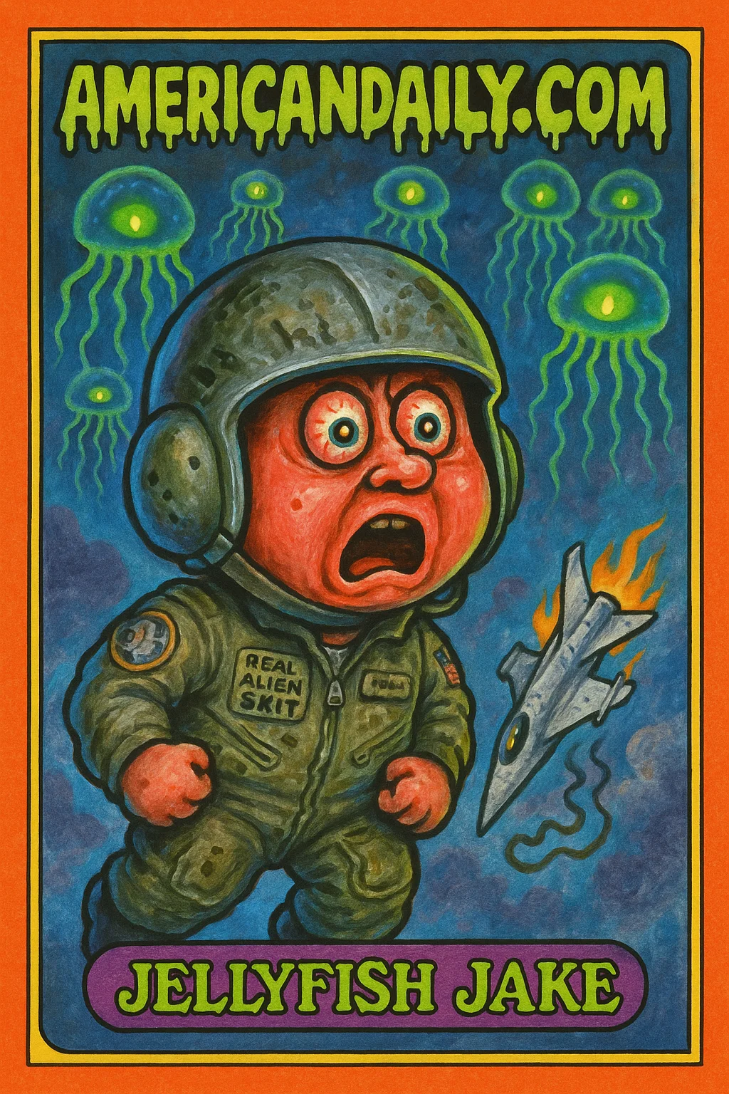 A grotesque trading card depicting a US pilot named 'Jellyfish Jake' in a panic with eerie 'jellyfish' drones swarming above, as his crumpling paper airplane falls.